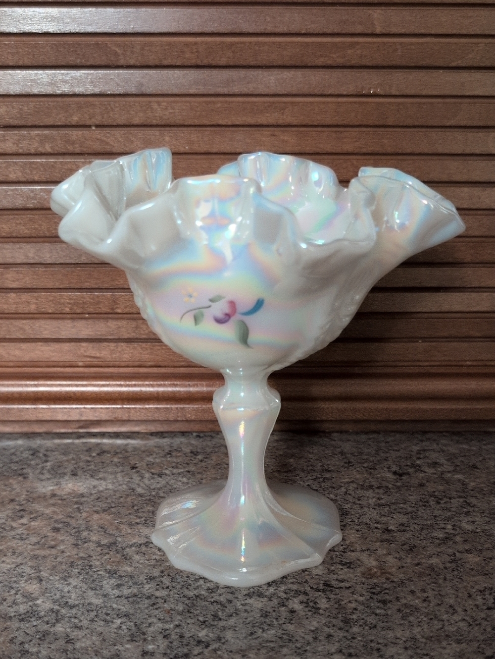 Fenton Opalescent Carnival Glass Hand Painted Compote Signed